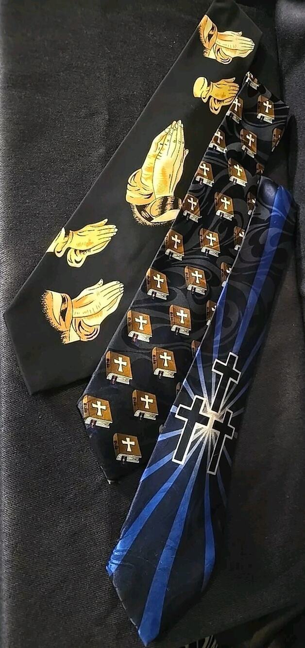 Lot Of 3 Men's Neckties Religious Ties Praying Hands Cross Bible Preacher Pastor